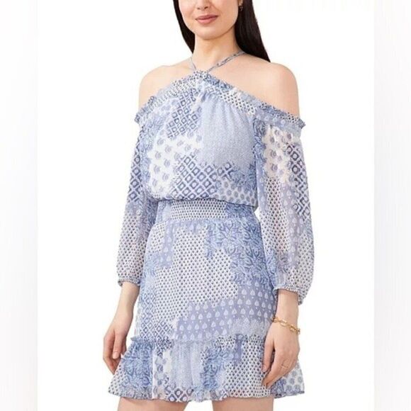 1.STATE Women's Smocked-Waist Cold-Shoulder Dress cream/aqua/denim size M - Picture 1 of 12